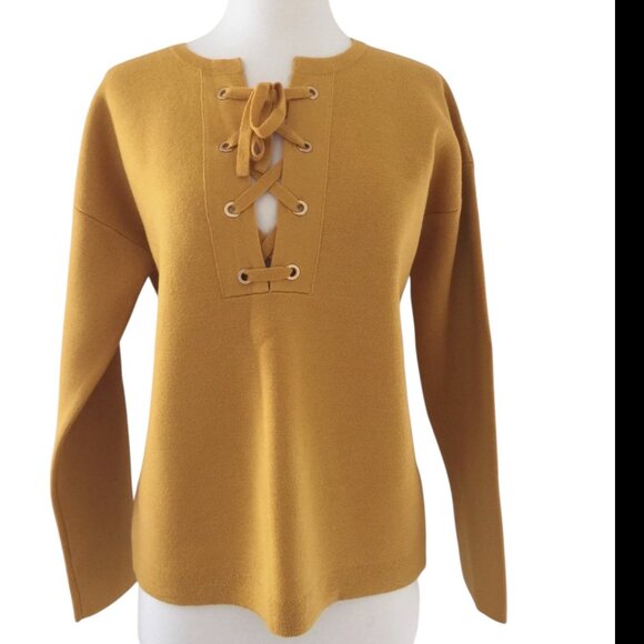 J.Crew Bonded Lace-Up Mustard Merino Wool Sweater Sz M NWT - Picture 4 of 7